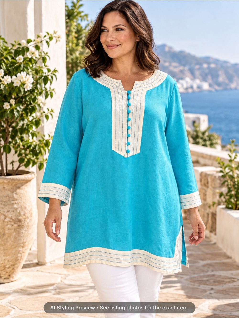 Kerry Brooke XL Aqua Blue Linen Blend Tunic Top Resort Coastal